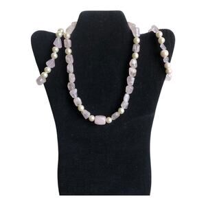 Handmade Vintage Inspired Faux Pearl Pink Gemstones Necklace & Two Bracelets Set
